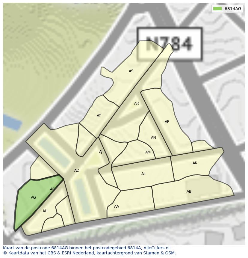 Afbeelding van het postcodegebied 6814 AG op de kaart.