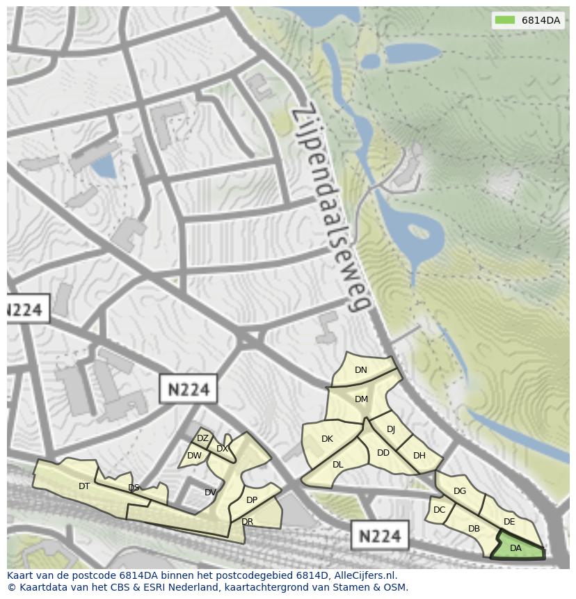 Afbeelding van het postcodegebied 6814 DA op de kaart.