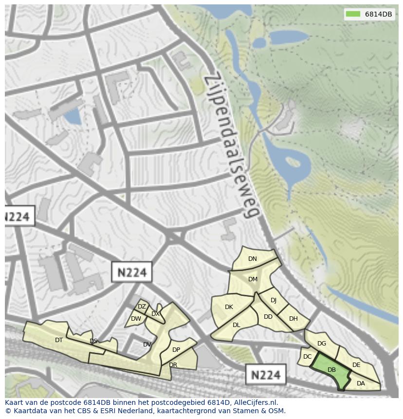 Afbeelding van het postcodegebied 6814 DB op de kaart.