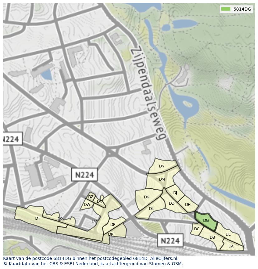 Afbeelding van het postcodegebied 6814 DG op de kaart.