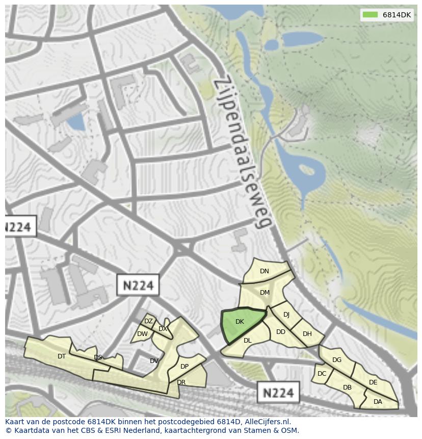 Afbeelding van het postcodegebied 6814 DK op de kaart.
