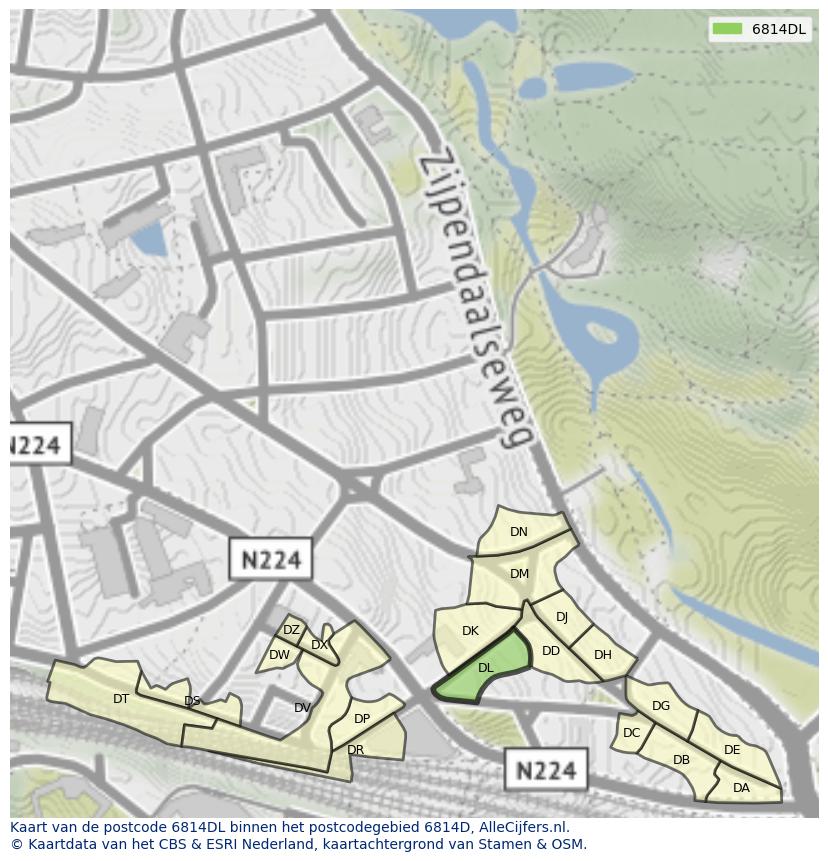 Afbeelding van het postcodegebied 6814 DL op de kaart.