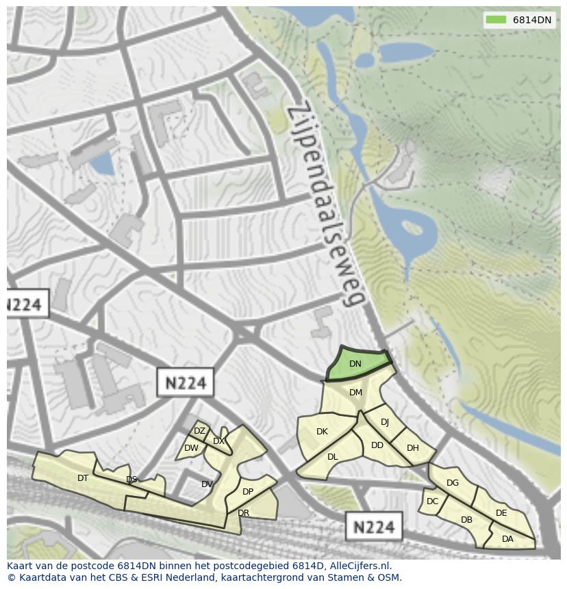 Afbeelding van het postcodegebied 6814 DN op de kaart.