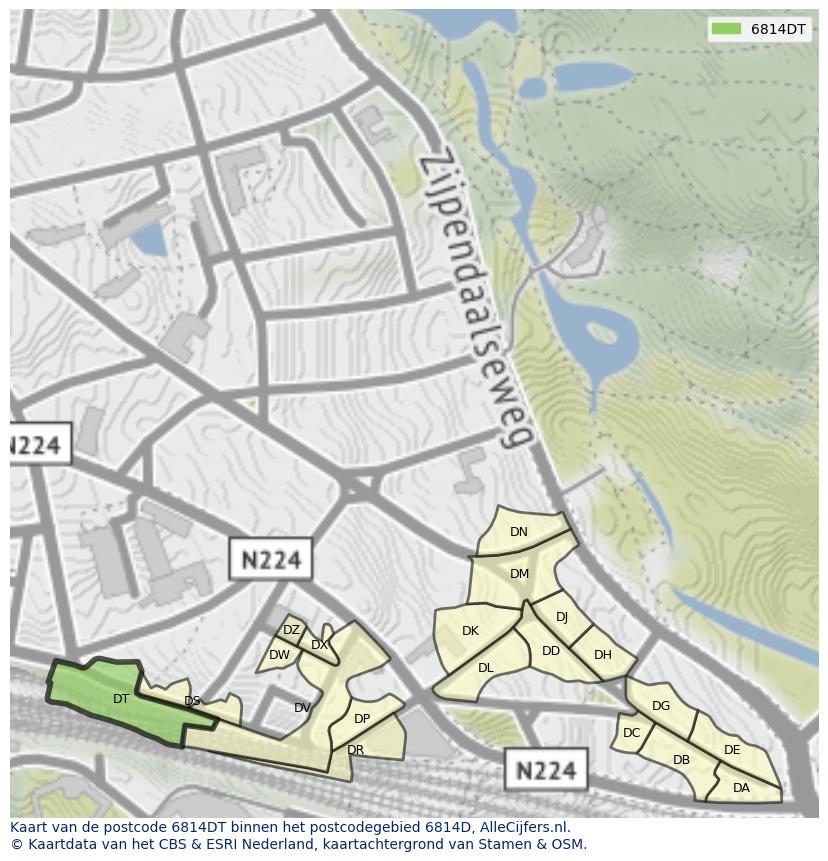 Afbeelding van het postcodegebied 6814 DT op de kaart.