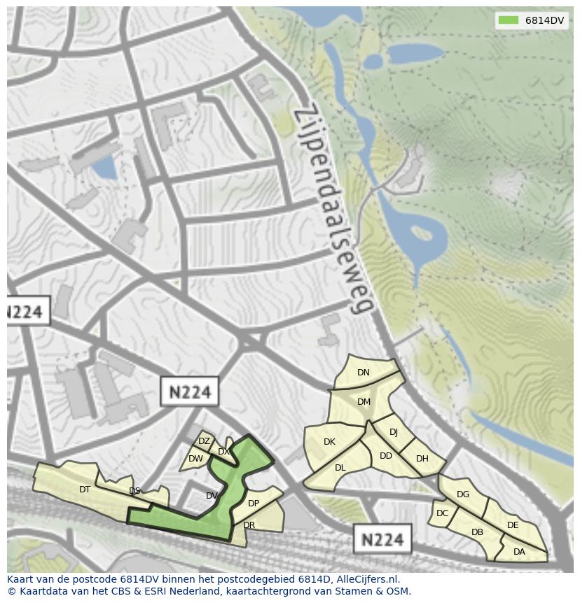 Afbeelding van het postcodegebied 6814 DV op de kaart.