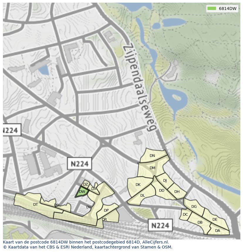 Afbeelding van het postcodegebied 6814 DW op de kaart.
