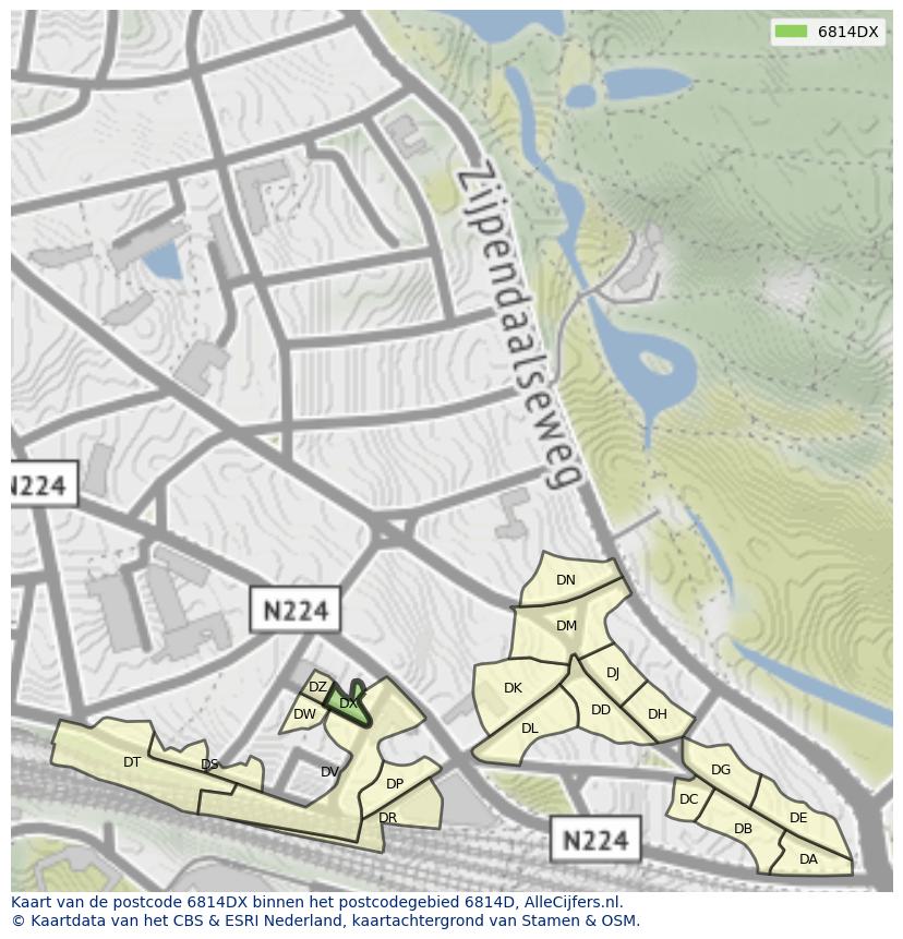 Afbeelding van het postcodegebied 6814 DX op de kaart.