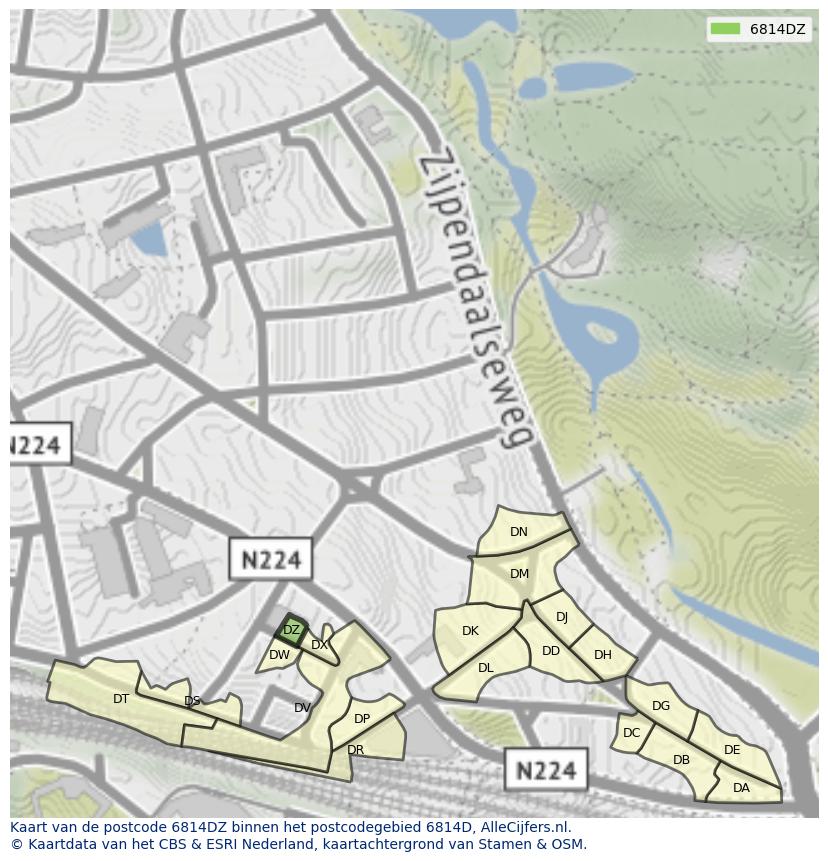 Afbeelding van het postcodegebied 6814 DZ op de kaart.