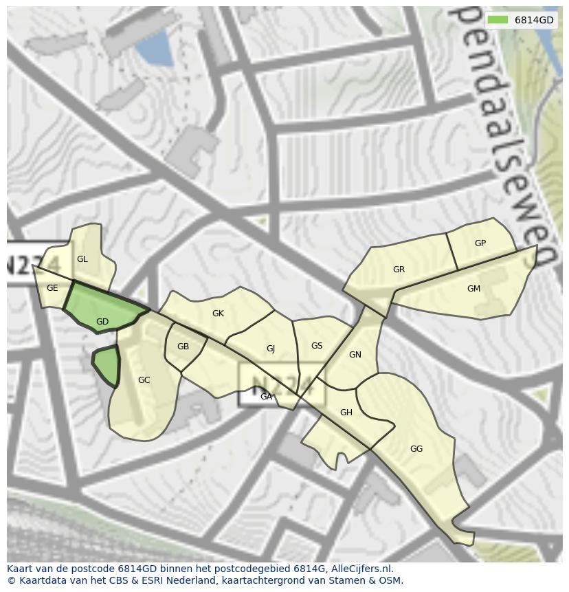 Afbeelding van het postcodegebied 6814 GD op de kaart.