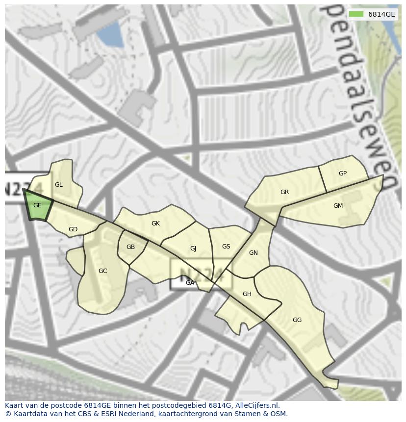 Afbeelding van het postcodegebied 6814 GE op de kaart.