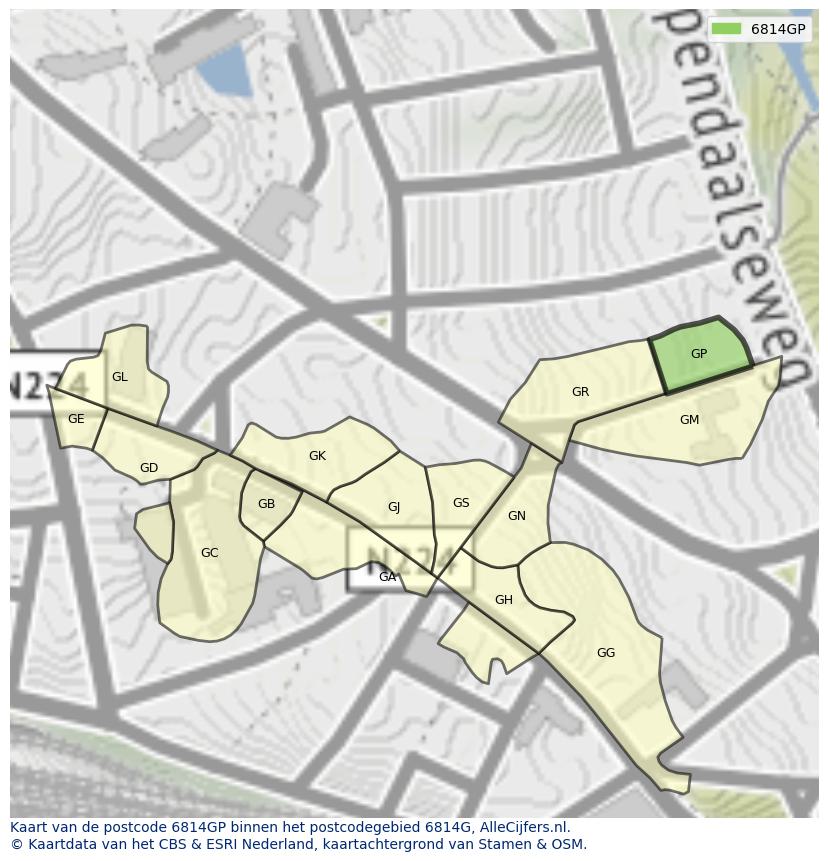 Afbeelding van het postcodegebied 6814 GP op de kaart.