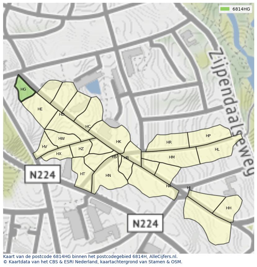 Afbeelding van het postcodegebied 6814 HG op de kaart.