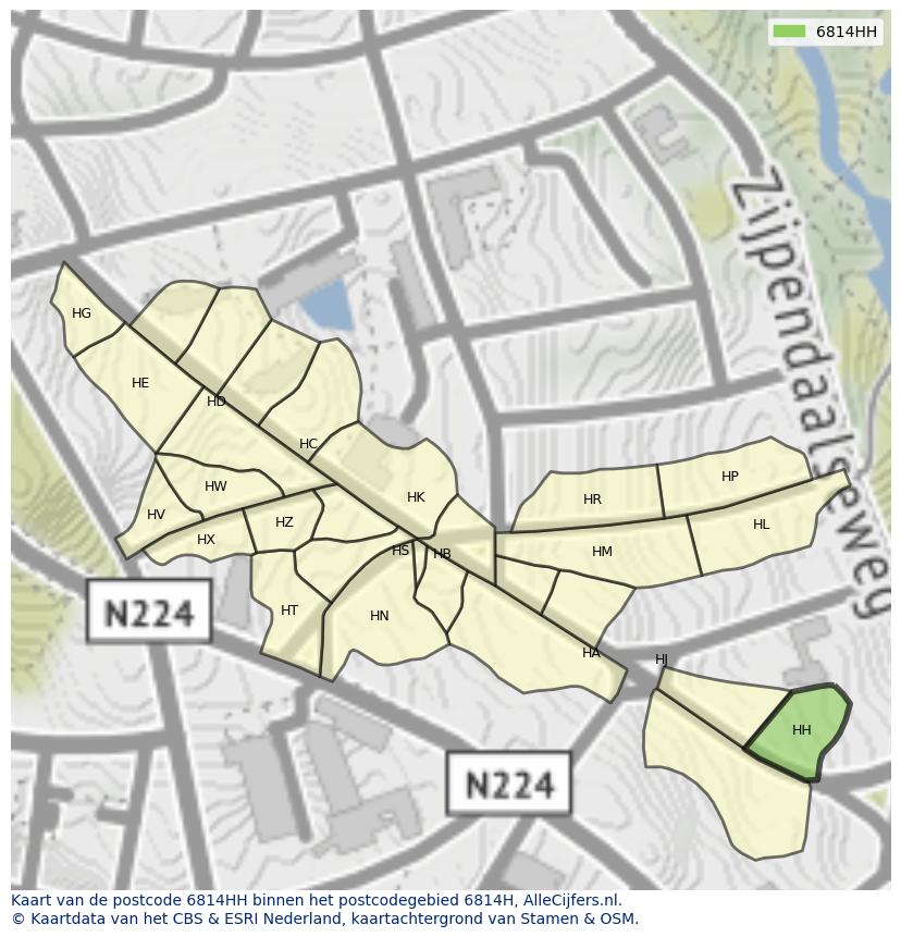 Afbeelding van het postcodegebied 6814 HH op de kaart.