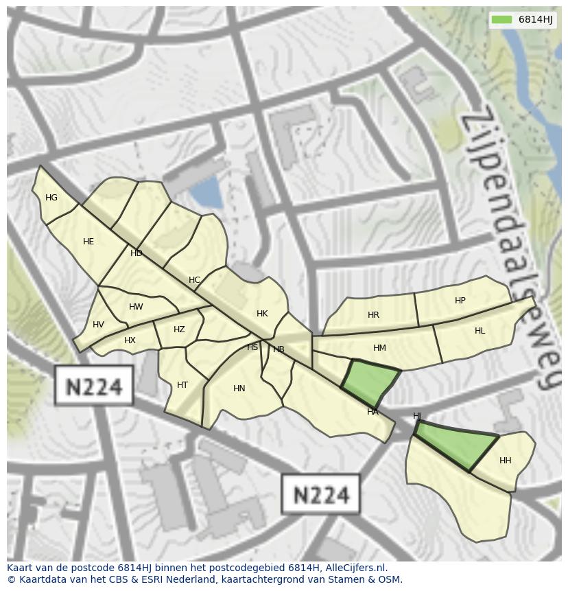 Afbeelding van het postcodegebied 6814 HJ op de kaart.