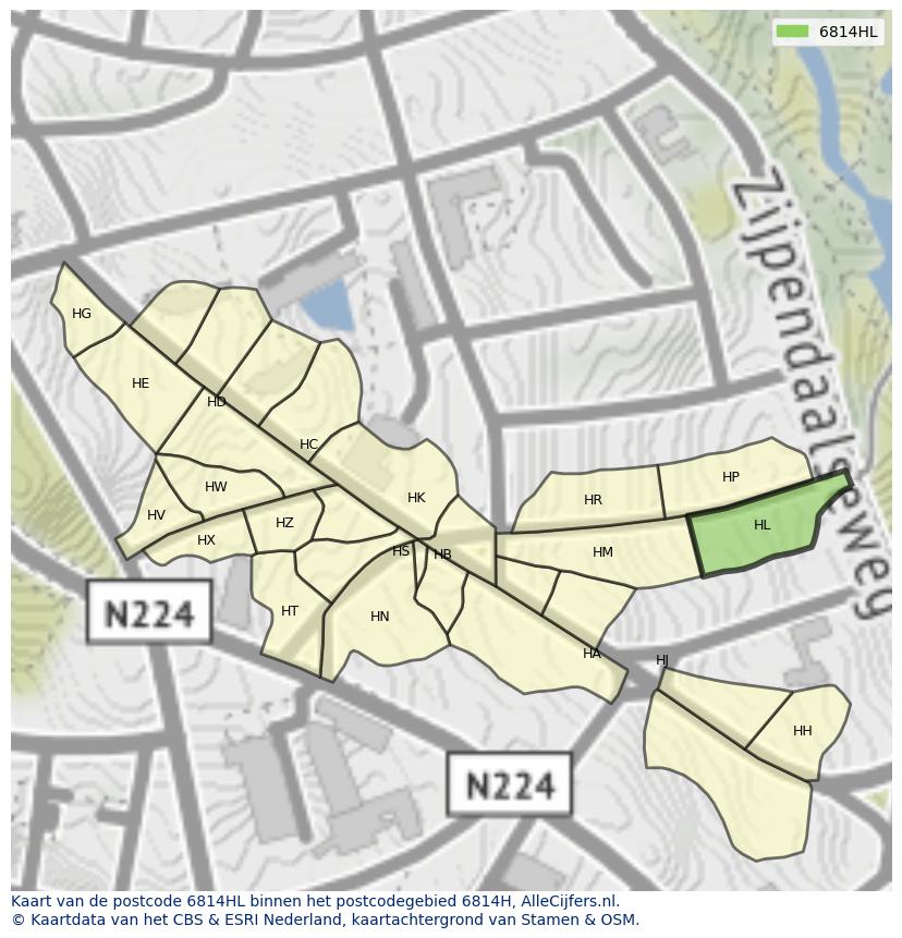 Afbeelding van het postcodegebied 6814 HL op de kaart.