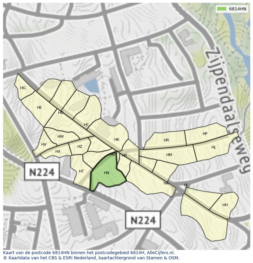 Afbeelding van het postcodegebied 6814 HN op de kaart.