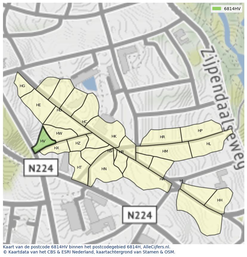 Afbeelding van het postcodegebied 6814 HV op de kaart.