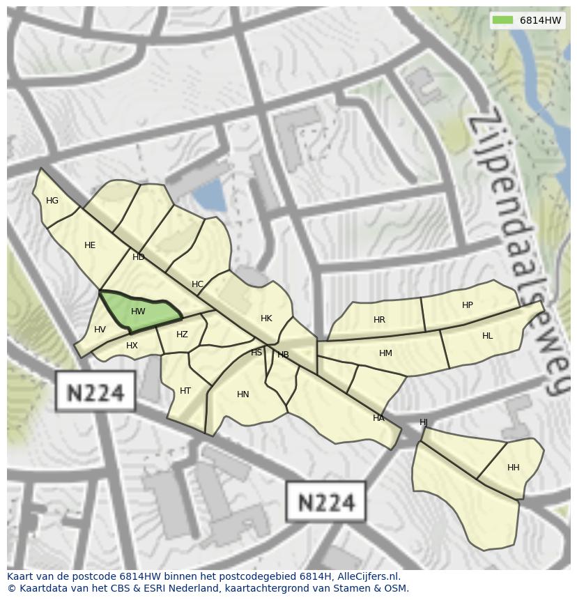 Afbeelding van het postcodegebied 6814 HW op de kaart.