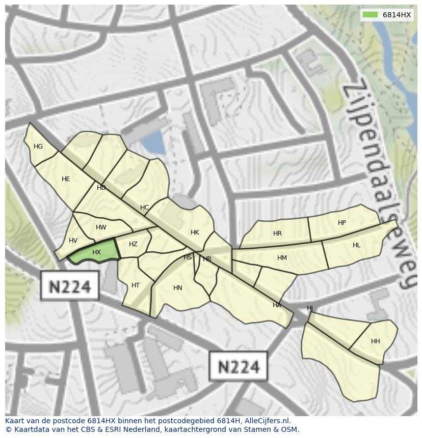 Afbeelding van het postcodegebied 6814 HX op de kaart.