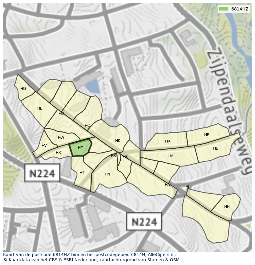Afbeelding van het postcodegebied 6814 HZ op de kaart.