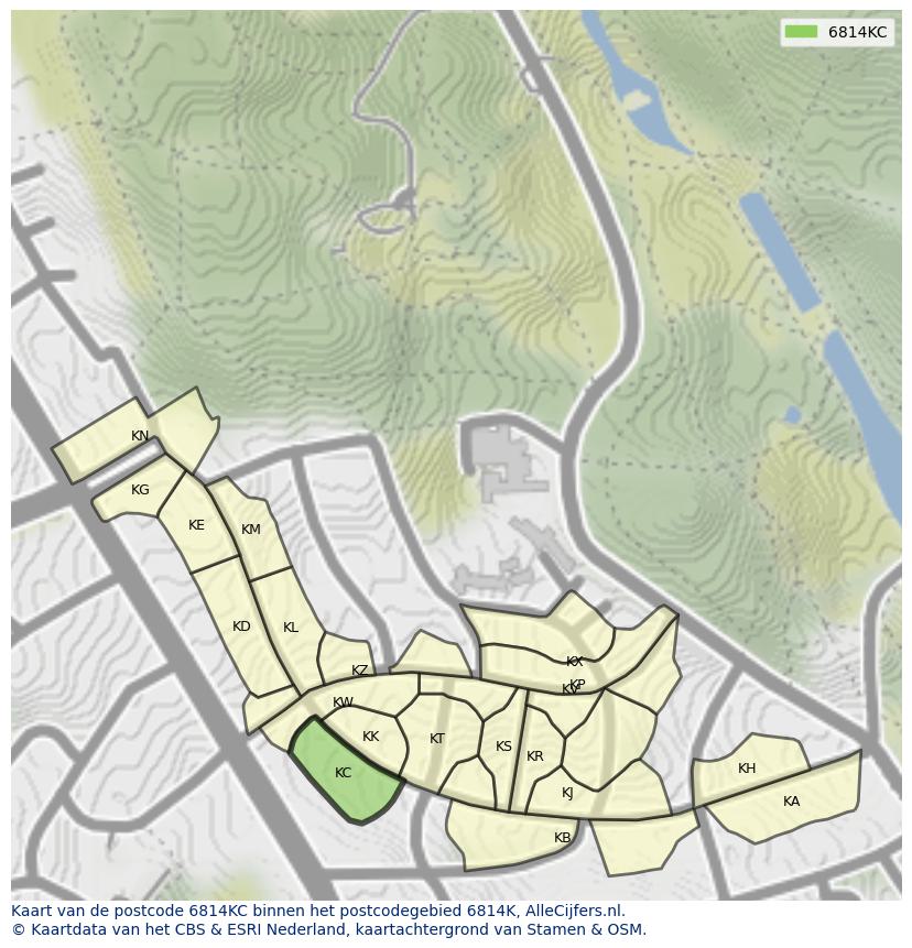 Afbeelding van het postcodegebied 6814 KC op de kaart.