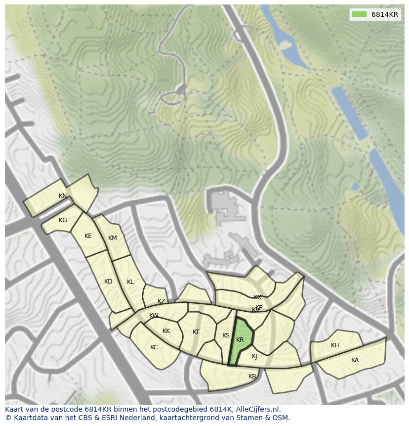 Afbeelding van het postcodegebied 6814 KR op de kaart.