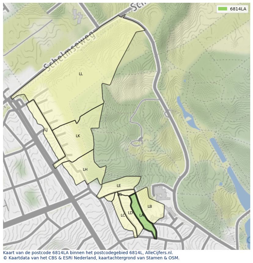 Afbeelding van het postcodegebied 6814 LA op de kaart.