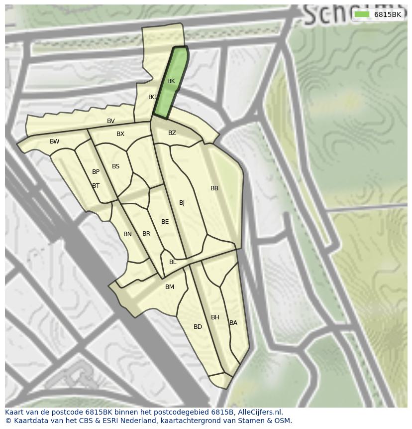 Afbeelding van het postcodegebied 6815 BK op de kaart.