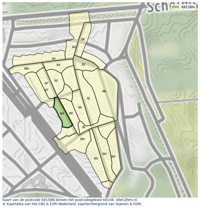Afbeelding van het postcodegebied 6815 BN op de kaart.