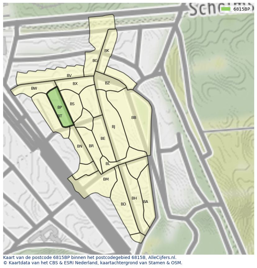 Afbeelding van het postcodegebied 6815 BP op de kaart.
