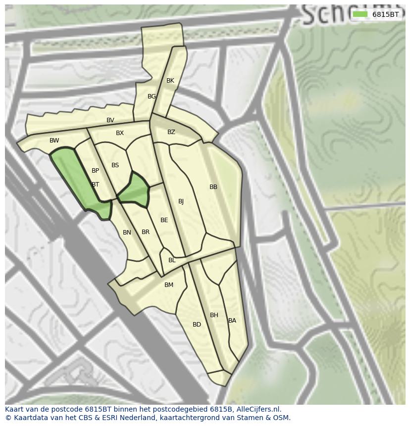 Afbeelding van het postcodegebied 6815 BT op de kaart.