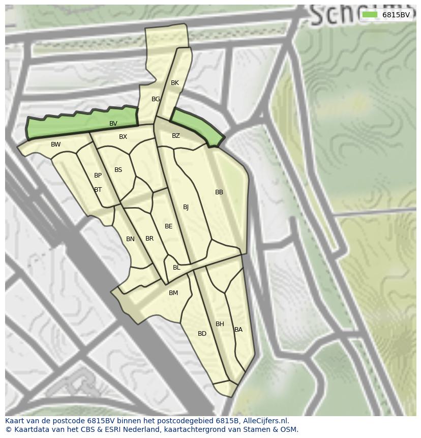 Afbeelding van het postcodegebied 6815 BV op de kaart.