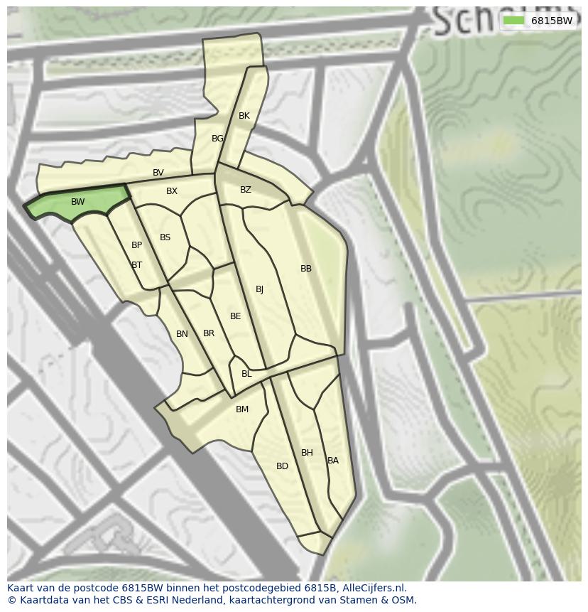 Afbeelding van het postcodegebied 6815 BW op de kaart.