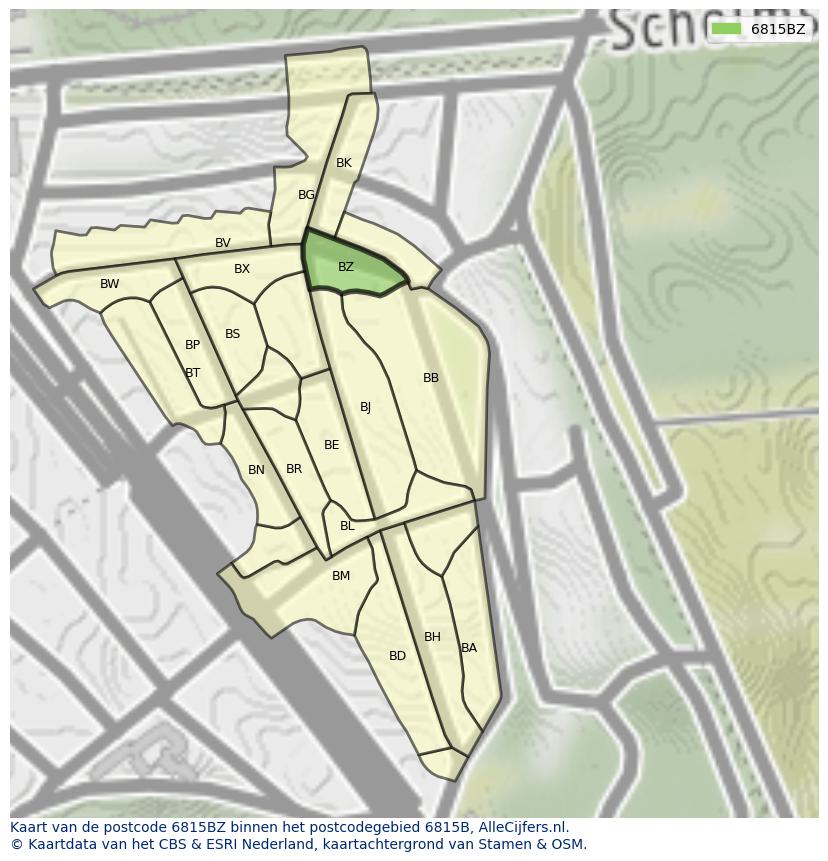 Afbeelding van het postcodegebied 6815 BZ op de kaart.