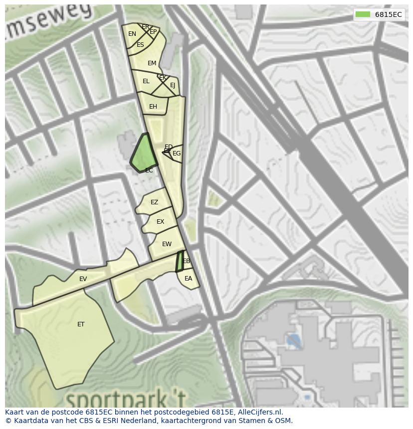 Afbeelding van het postcodegebied 6815 EC op de kaart.