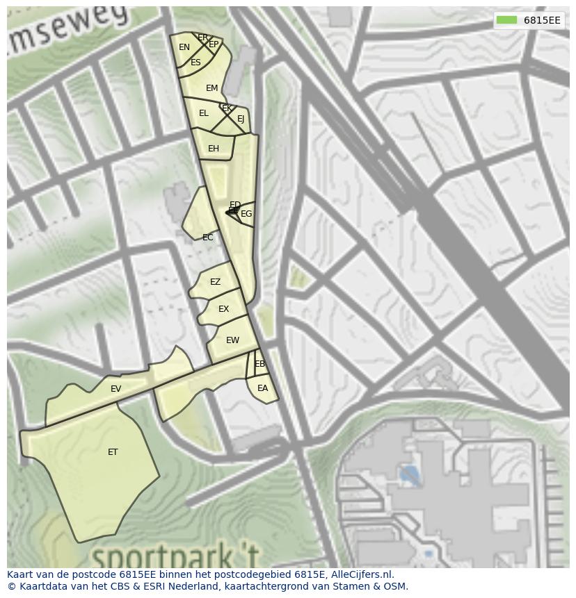 Afbeelding van het postcodegebied 6815 EE op de kaart.