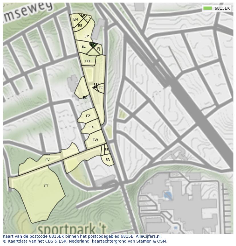 Afbeelding van het postcodegebied 6815 EK op de kaart.