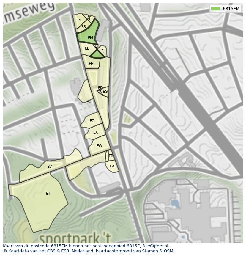 Afbeelding van het postcodegebied 6815 EM op de kaart.