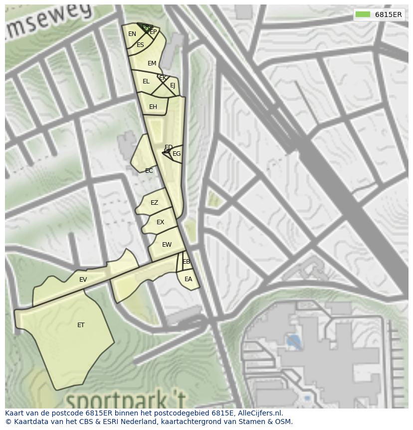 Afbeelding van het postcodegebied 6815 ER op de kaart.