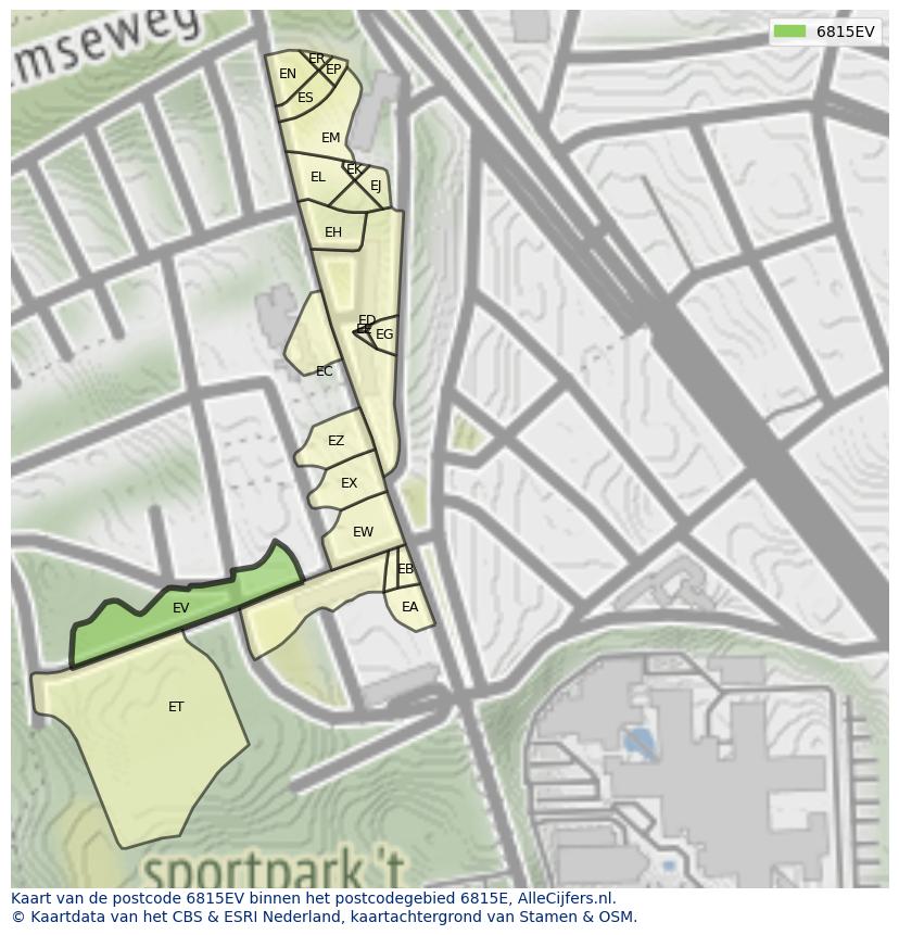 Afbeelding van het postcodegebied 6815 EV op de kaart.