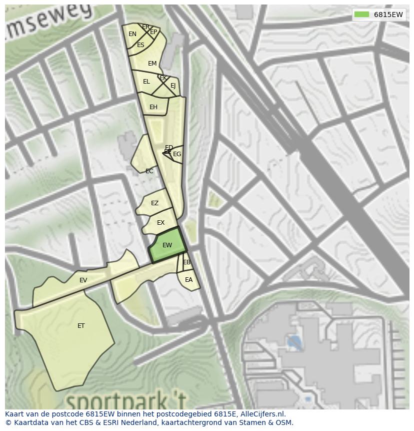 Afbeelding van het postcodegebied 6815 EW op de kaart.