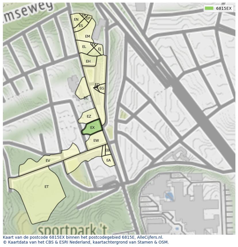 Afbeelding van het postcodegebied 6815 EX op de kaart.