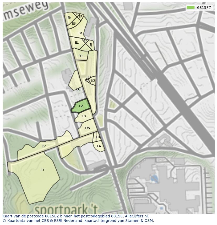 Afbeelding van het postcodegebied 6815 EZ op de kaart.