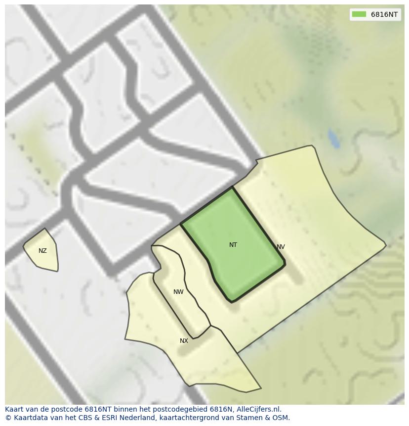 Afbeelding van het postcodegebied 6816 NT op de kaart.