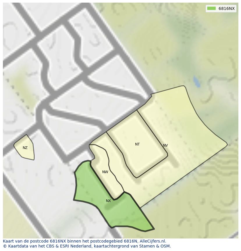 Afbeelding van het postcodegebied 6816 NX op de kaart.