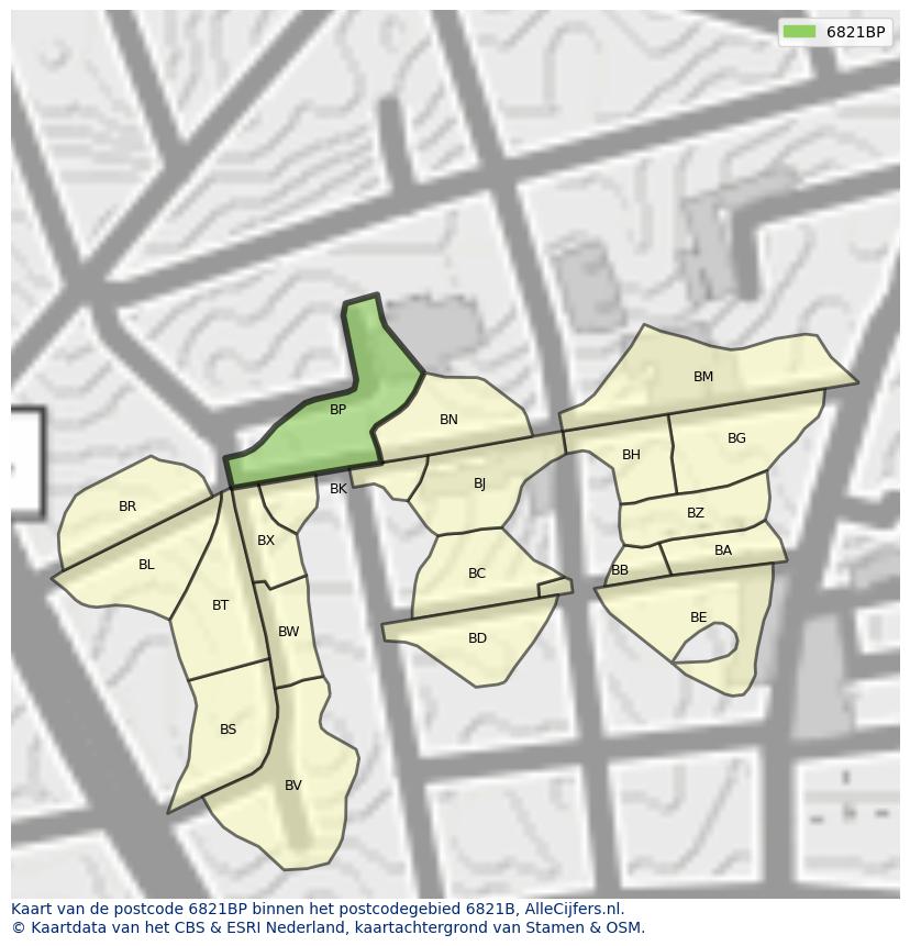 Afbeelding van het postcodegebied 6821 BP op de kaart.