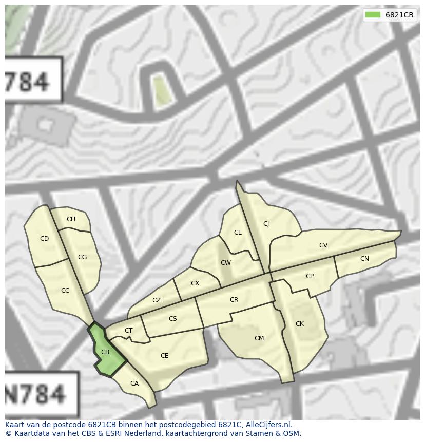 Afbeelding van het postcodegebied 6821 CB op de kaart.