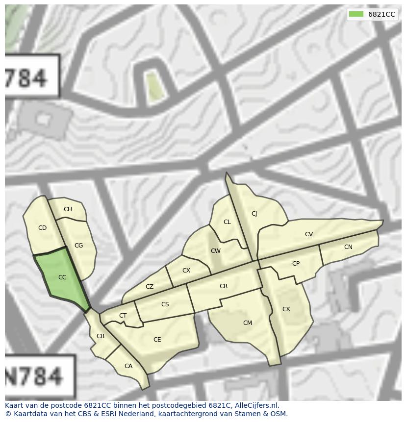 Afbeelding van het postcodegebied 6821 CC op de kaart.