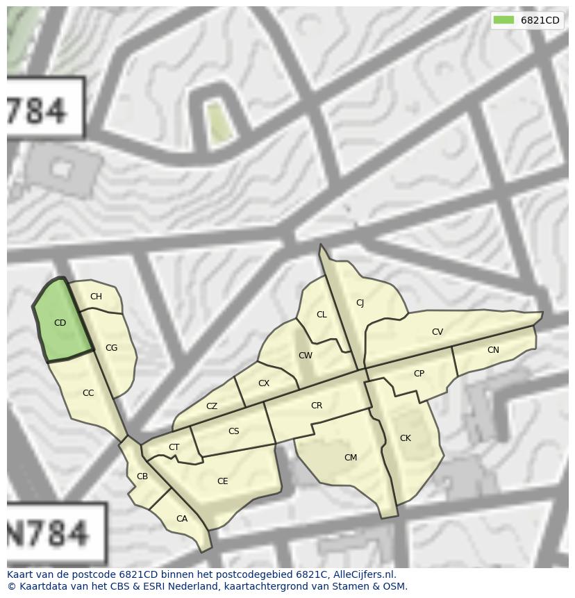 Afbeelding van het postcodegebied 6821 CD op de kaart.