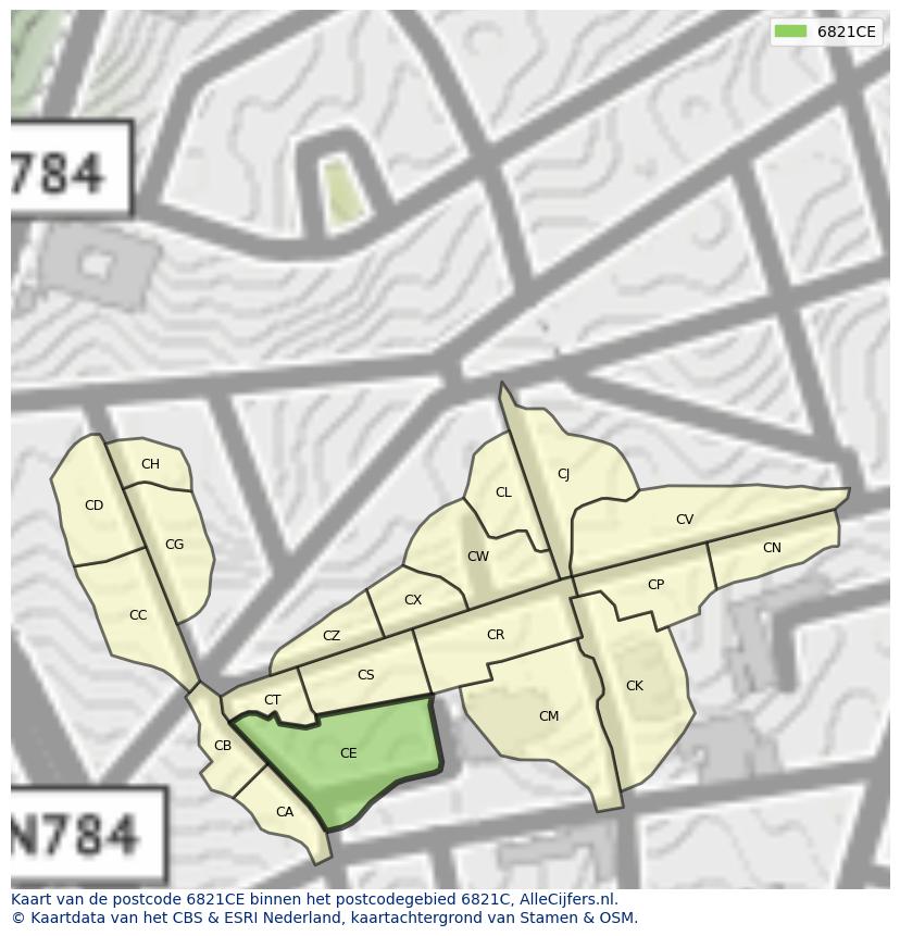 Afbeelding van het postcodegebied 6821 CE op de kaart.